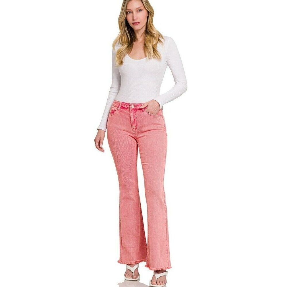 Zenana It's About Time Colored Denim Flares in Ash Pink DMP-1846A
